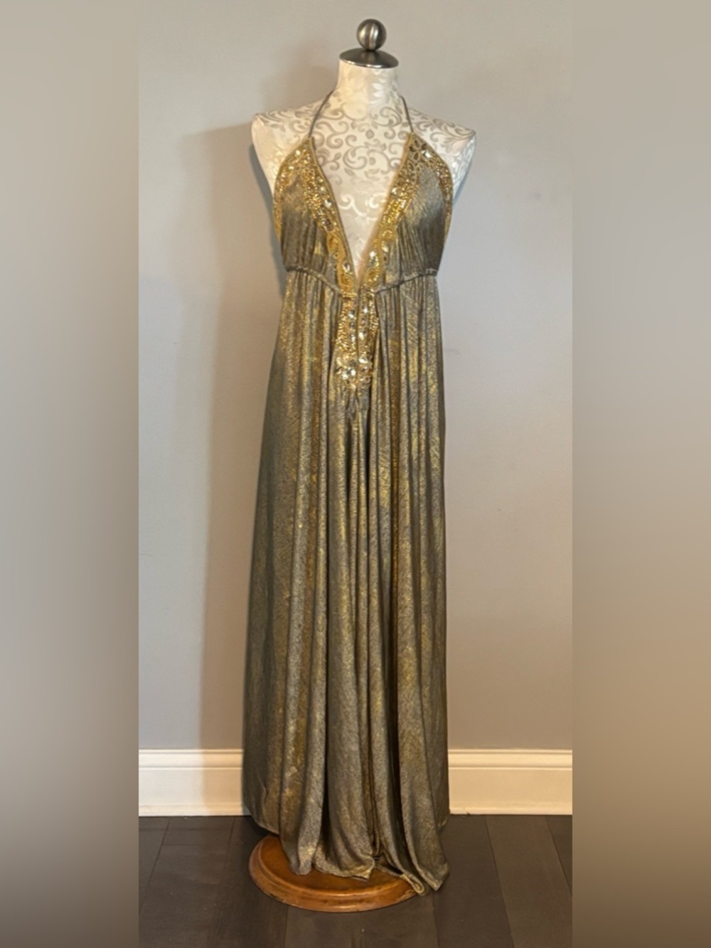 Boston Proper Gold Metallic Halter Evening Gown - Picture 3 of 12